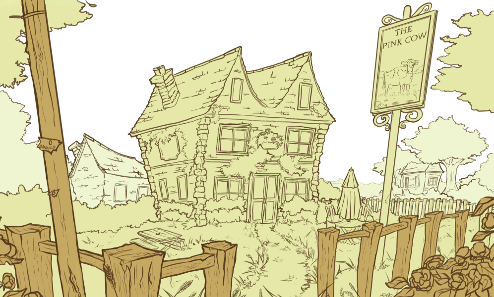 2d background environment layout design of an establishing shot of a pub location in england by omoulo